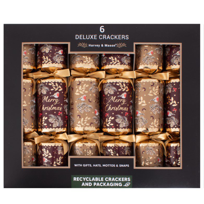 Harvey & Mason 6 Deluxe Burgundy Robin Christmas Crackers 5015302182557